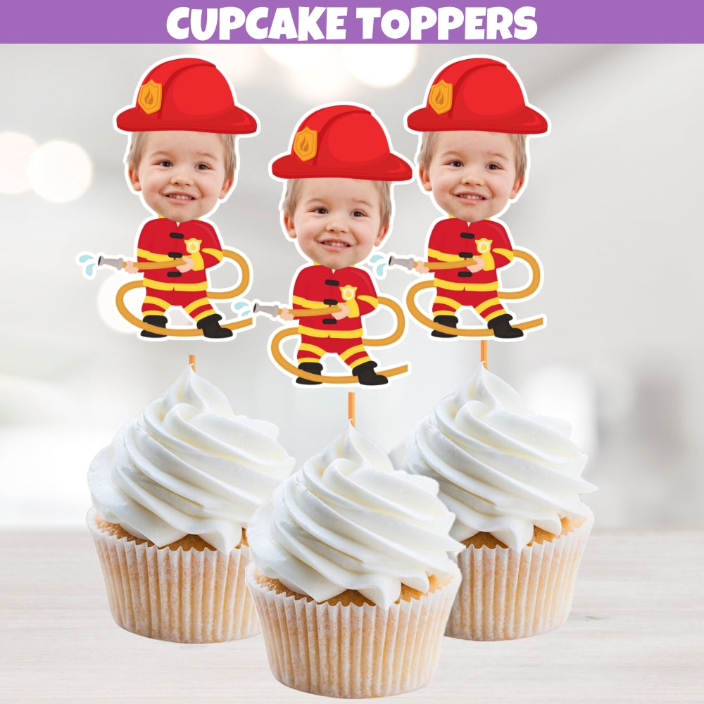 Personalized firefighter face cupcake toppers great for cake toppers and spicy fiery treats designed with helmet and water hose