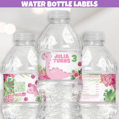 Personalized pink dinosaur themed water bottle labels featuring fun dinosaur designs and colorful patterns for birthday party drinks