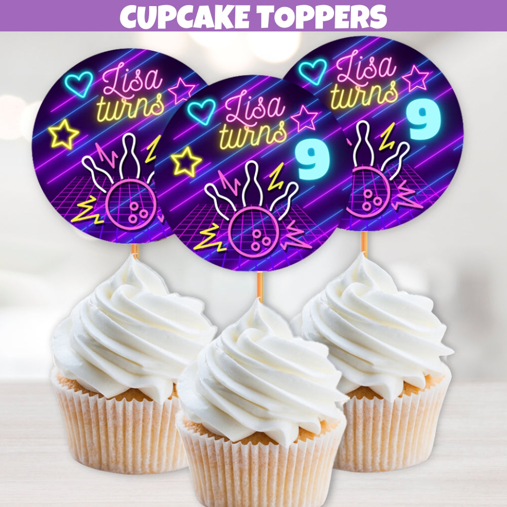 Bowling cupcake toppers with a bowling theme, including mini bowling pins, balls, and strike designs