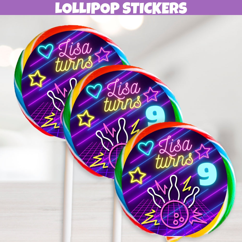 Girls Neon Bowling lollipop label stickers with dynamic bowling pins and balls design