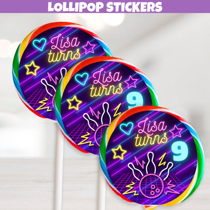 Girls Neon Bowling lollipop label stickers with dynamic bowling pins and balls design