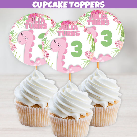 Personalized dinosaur-themed cupcake toppers with fun dinosaur designs and vibrant colors for birthday cakes.