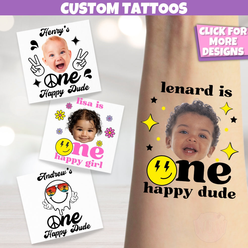 groovy tattoos for a one happy dude or happy girl birthday theme with stars or retro flowers