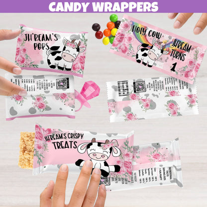 Custom Cow Print Candy Wrapper Labels - Holy Cow I'm One Farm Animal Party Decor