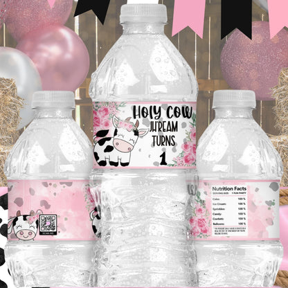 Custom Cow Water Bottle Labels - "Holy Cow I'm One" Farm Animal Birthday Party Stickers