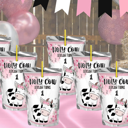 Personalized Cow Juice Pouch Labels - "Holy Cow I'm One" Farm Animal Party Favors