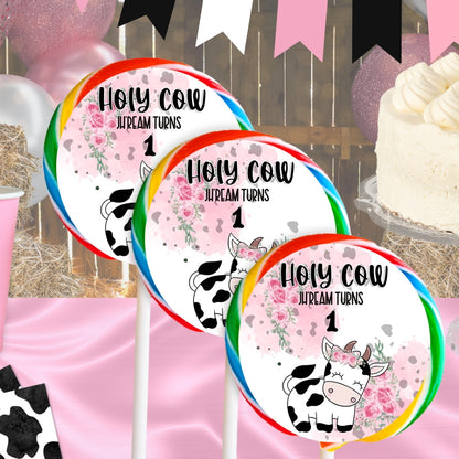 Personalized Holy Cow Lollipop Labels - Farm Animal Party Favors, Rustic Barnyard Stickers