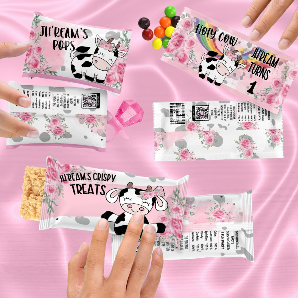 Custom Cow Print Candy Wrapper Labels - Holy Cow I'm One Farm Animal Party Decor