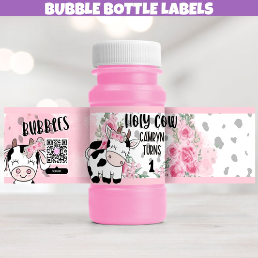 Personalized Holy Cow birthday bubble bottle labels featuring cow print and floral designs with a 'Holy Cow I'm One' theme for any age