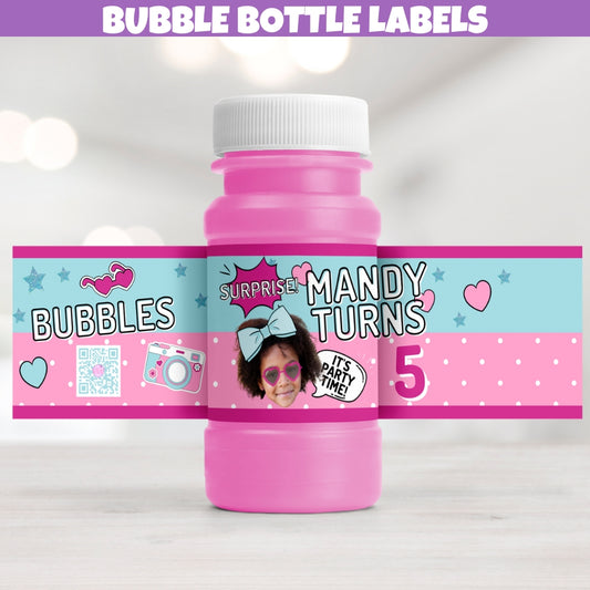 girls surprise party girl baby doll inspired personalized bubble bottle labels with vibrant blue and pink designs like hearts stars polka dots, it's party time