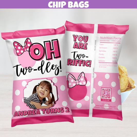 Personalized 2nd Birthday Two-dles Themed Chip Bag Party Favors, Girls Magical Party Supplies, Pink And White Polka Dot Centerpiece Table Decorations