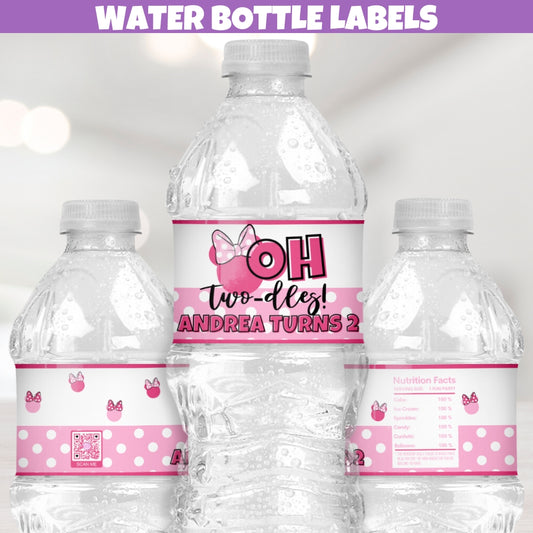 Personalized Two-doles Water Bottle Labels, Magical Party Decor, Waterproof, Black Pink White Polka Dots Bow, Girl Mouse Party Supplies