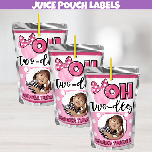 Personalized Two-dles Juice Pouch Label Stickers, Girls Magical 2nd Birthday Party Decorations, Pink And White Polka Dot Bow Design