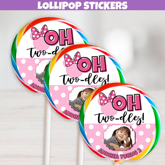 Personalized Two-dles Lollipop Labels, Magical 2nd Birthday, Girl Mouse Party Favors, Pink White Polka Dots Bow