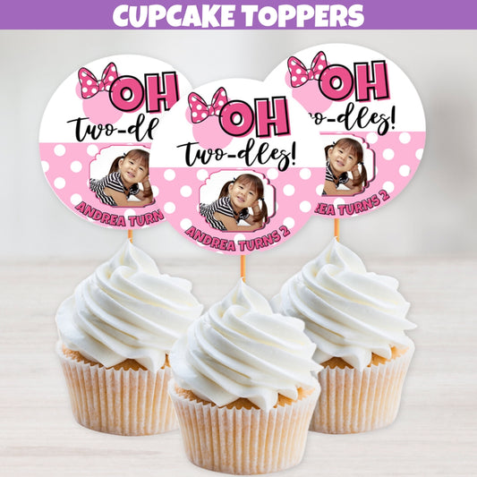 Personalized Girl Mouse Birthday Cupcake Toppers, Magical 2nd Birthday Two-dles Cake Topper, Pink White Polka Dots Party Favors, Big Hair Bow Design