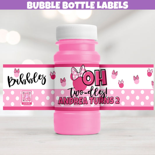 Personalized Twodles Bubble Bottle Label Stickers, Pastel Pink White Polka Dots Bow, Girl Mouse Magical 2nd Birthday Party Decorations