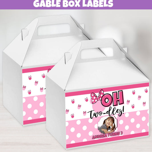 Personalized Twodles Gable Box Labels, Girl Magical Mouse Party Stickers, 2nd Birthday Decorations With Pink White Polka Dots Bow