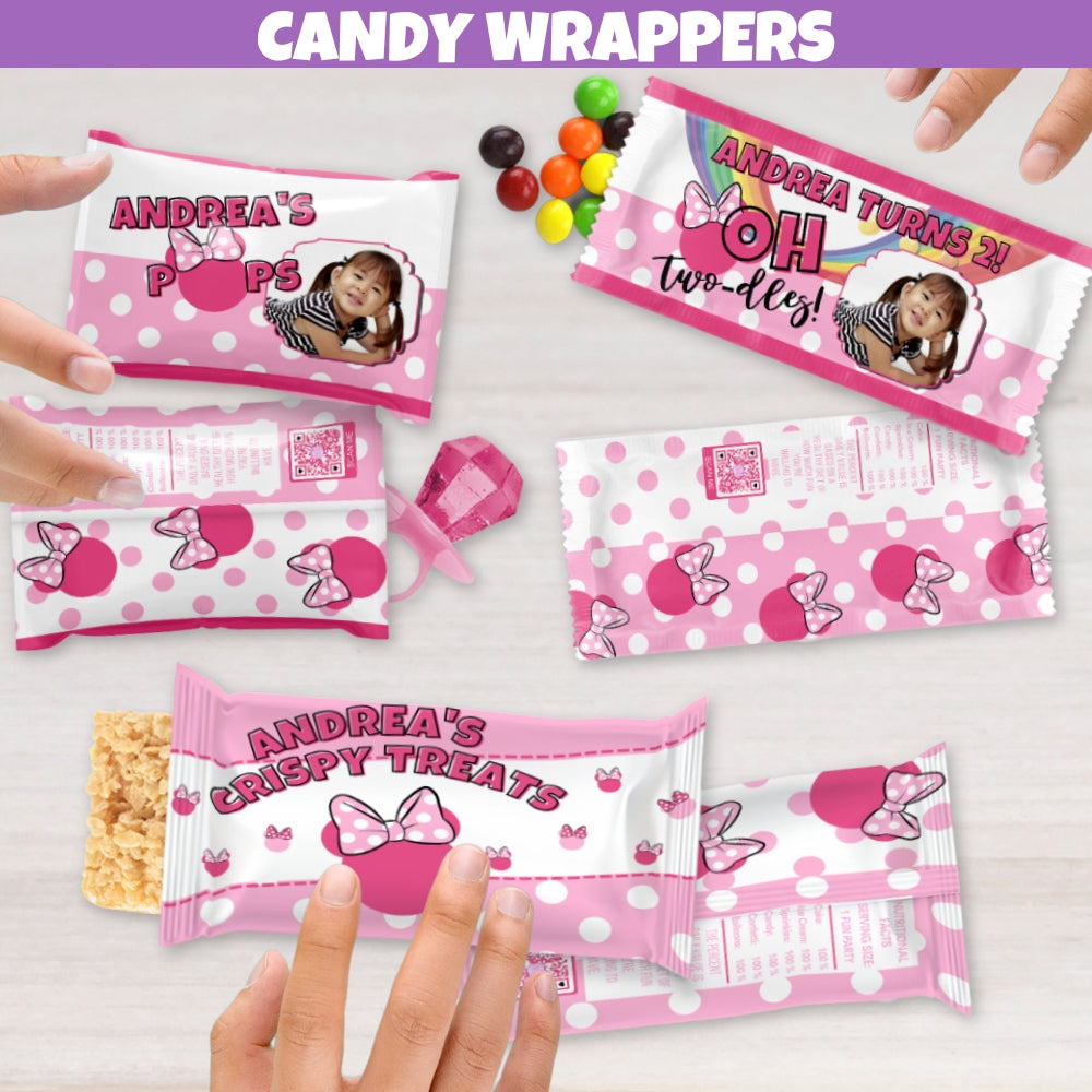 Minnie Candy Wrappers with polka dot bow personalized with your photo name and age