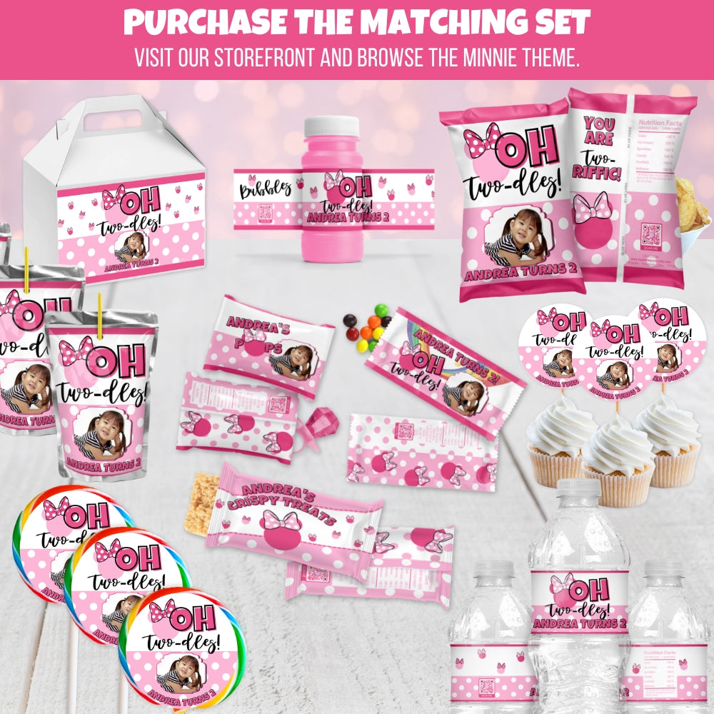 Personalized Two-dles Juice Pouch Label Stickers, Girls Magical 2nd Birthday Party Decorations, Pink And White Polka Dot Bow Design