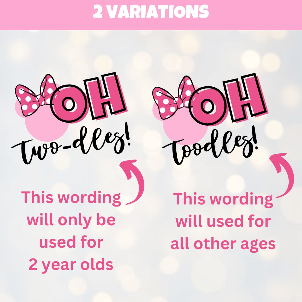 Personalized Two-doles Water Bottle Labels, Magical Party Decor, Waterproof, Black Pink White Polka Dots Bow, Girl Mouse Party Supplies