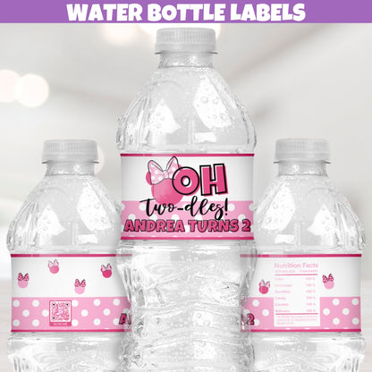 Pink Minne Water Bottle Labels for Oh Twodles Second Birthday Party Table Decorations