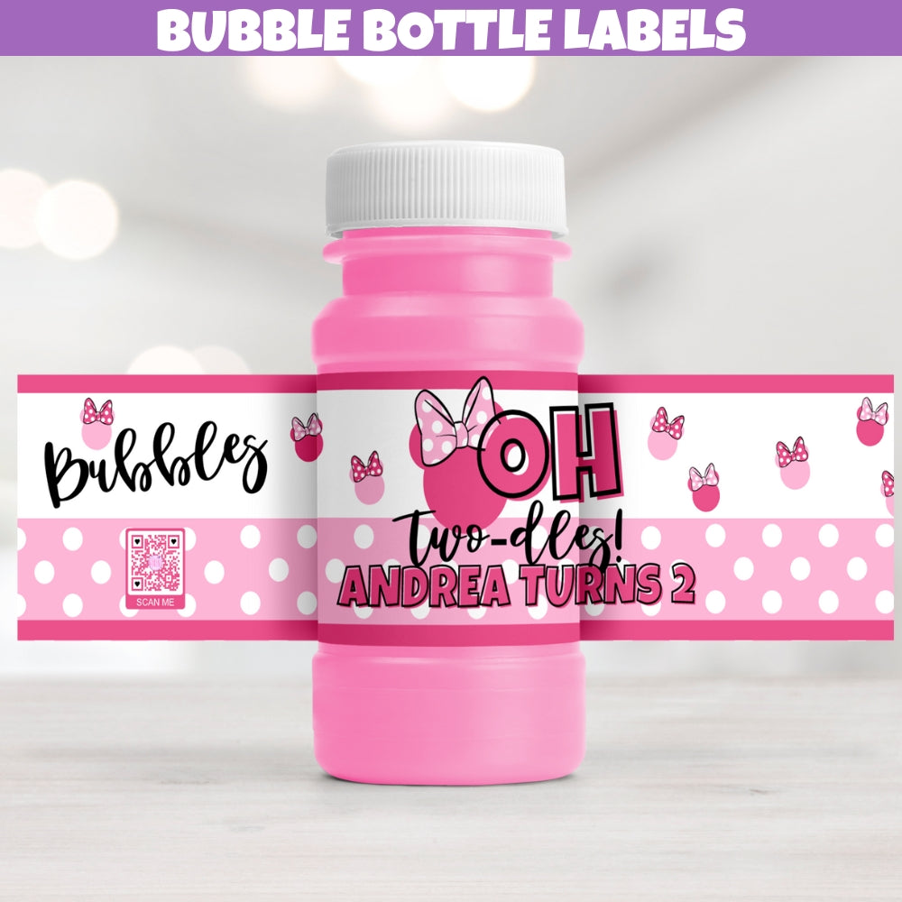 Minnie bubble bottle label stickers for Oh Twodles 2nd birthday party, pink magical party decorations