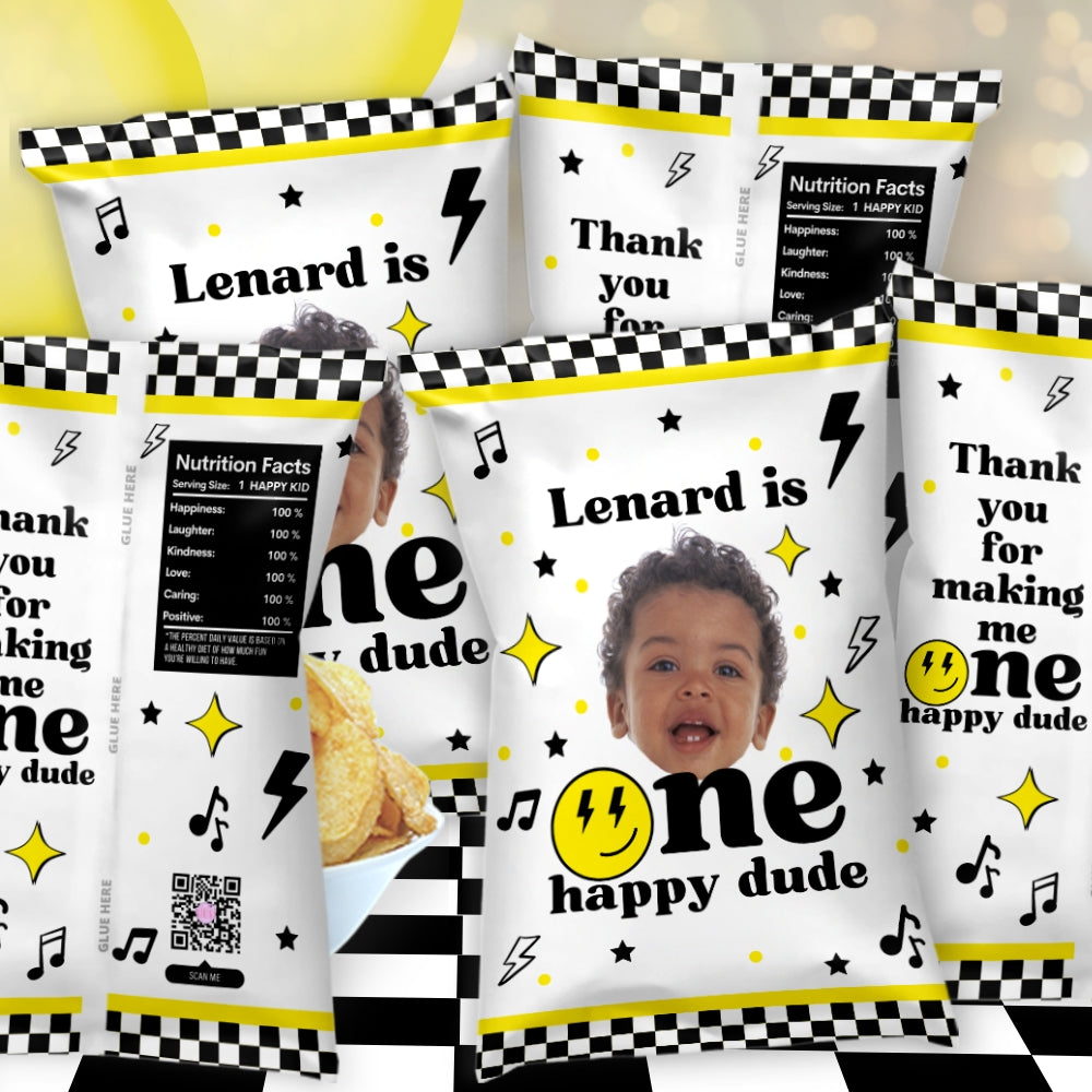 Personalized One Happy Dude 1st Birthday Chip Bag Party Favors For Rock And Roll Themed Snacks With Groovy Design Music Notes And Lightening Bolts