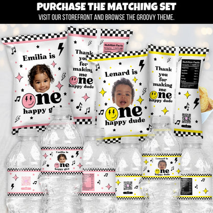 Personalized One Happy Dude 1st Birthday Chip Bag Party Favors For Rock And Roll Themed Snacks With Groovy Design Music Notes And Lightening Bolts