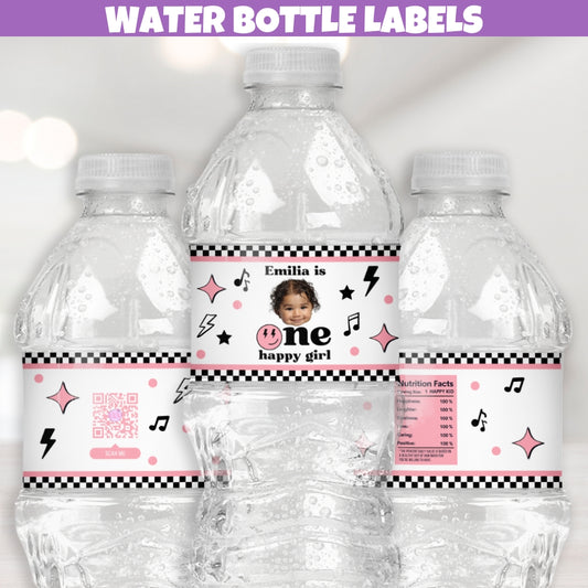 One Happy Girl Birthday Water Bottle Labels, Rock Star Birthday Decorations, First Birthday Party Favor Stickers, Groovy Lightning Boltz Stars Music