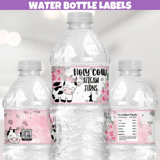 Personalized cow-themed water bottle labels with 'Holy Cow I'm One' and farm animal designs for birthday parties