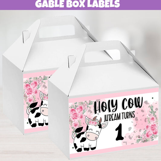 Custom cow print themed gable box labels with 'Holy Cow I'm One' design and personalized photo for party favors.