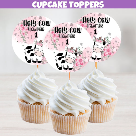 Custom cow themed cupcake toppers with 'Holy Cow I'm One' and rustic farm animal designs for birthday cakes.