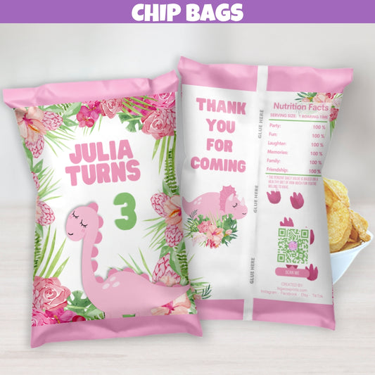 Custom dinosaur-themed chip bags featuring playful dinosaur prints and vibrant colors, ideal for party snacks