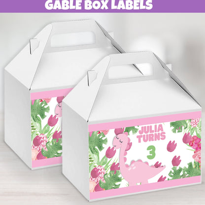 personalized dinosaur-themed gable box labels featuring fun dinosaur designs and custom text for party favors.