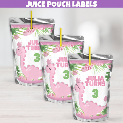 Personalized girls dinosaur themed juice pouch labels featuring playful dinosaur and floral designs and vibrant colors for party favors