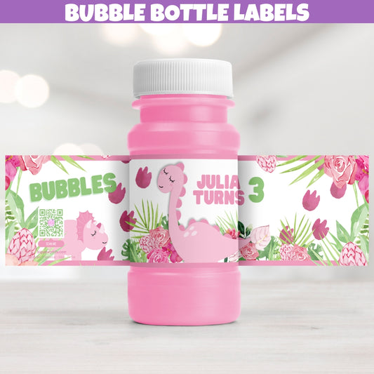 Personalized dinosaur-themed bubble bottle labels with colorful dinosaur designs, perfect for kids' party goodie bags.
