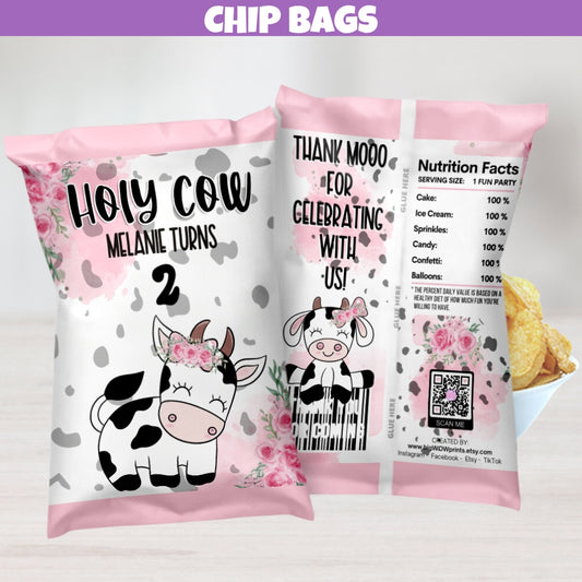 Personalized Holy Cow themed chip bags featuring farm animal designs and 'Holy Cow I'm One' for party snacks.