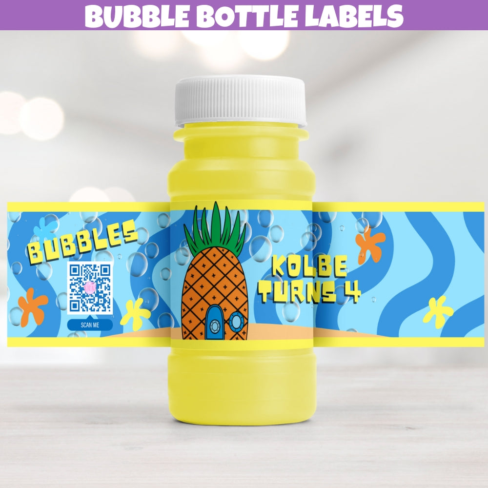 Fun personalized blue yellow and orange tropical birthday bubble bottle label stickers design with popular underwater pineapple house