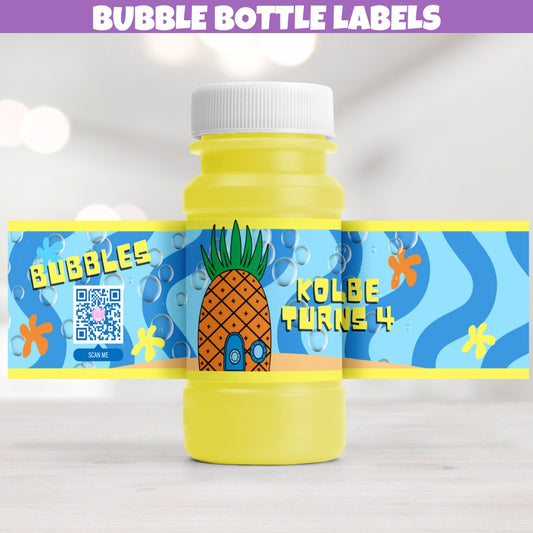 Fun personalized blue yellow and orange tropical birthday bubble bottle label stickers design with popular underwater pineapple house