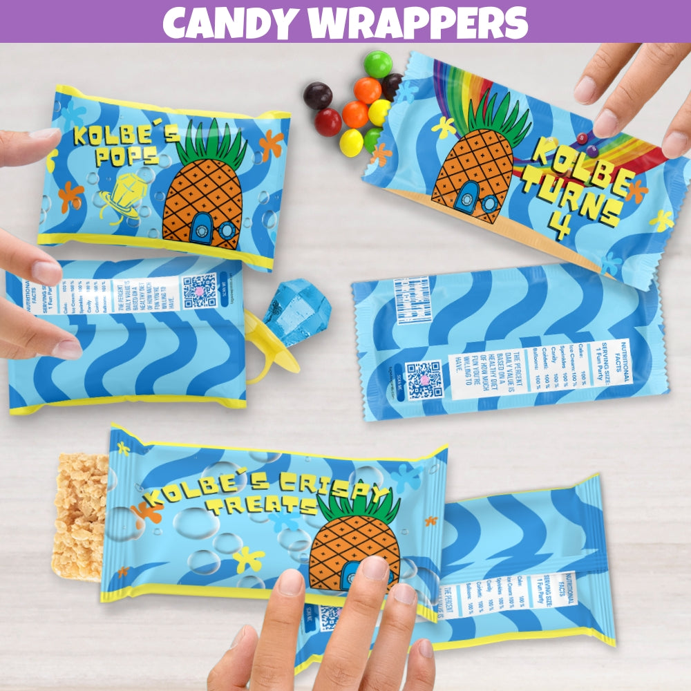 Fun personalized blue yellow and orange tropical birthday candy wrapper bags for pool party decorations and luau party favors designed with a popular underwater pineapple house cartoon