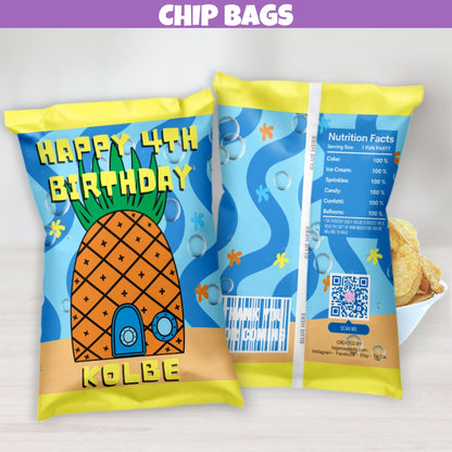 Fun personalized blue yellow and orange tropical birthday chip bag party favors designed with a popular underwater pineapple house cartoon