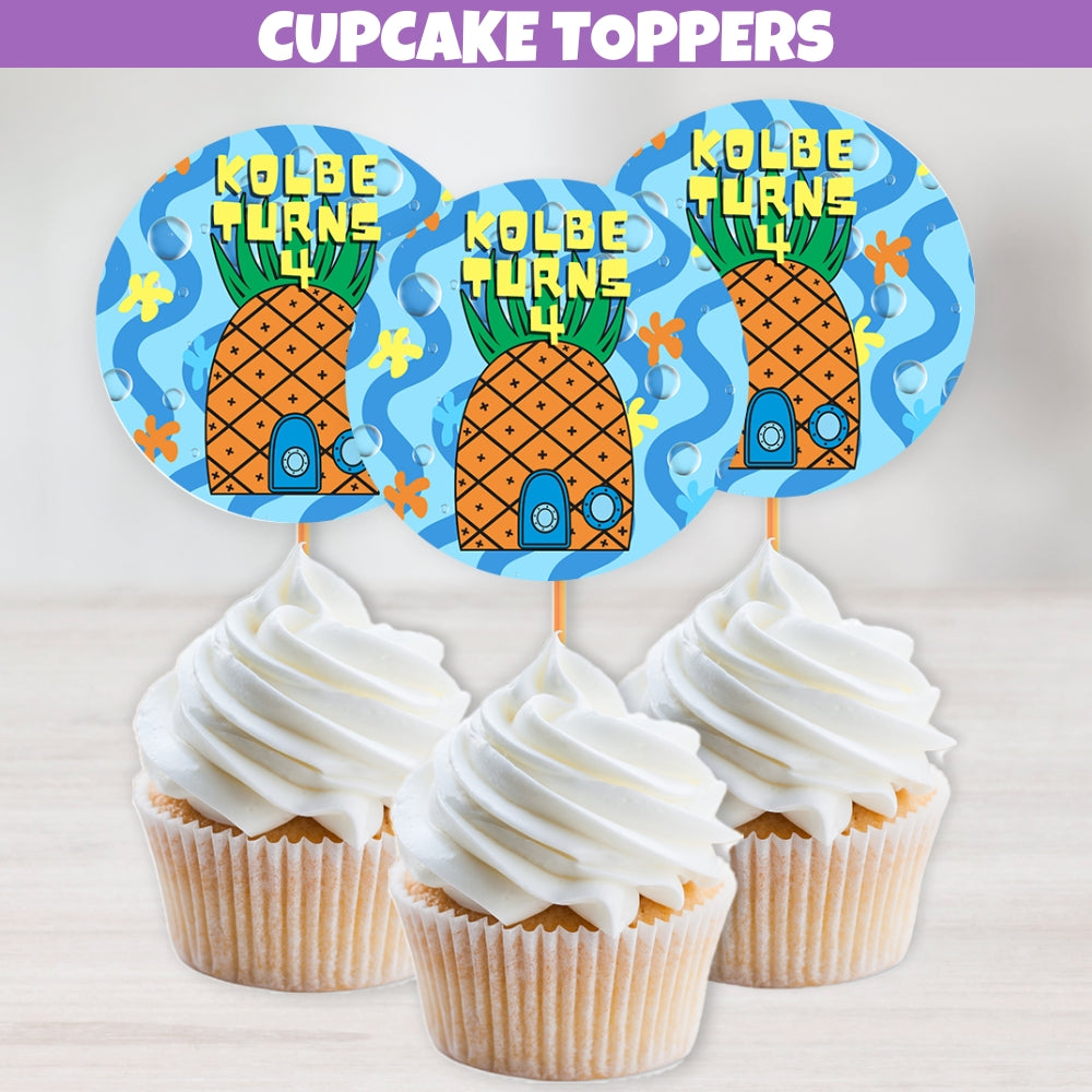 Fun personalized blue yellow and orange tropical birthday cupcake topper table decorations for party favors designed with a popular underwater pineapple house cartoon