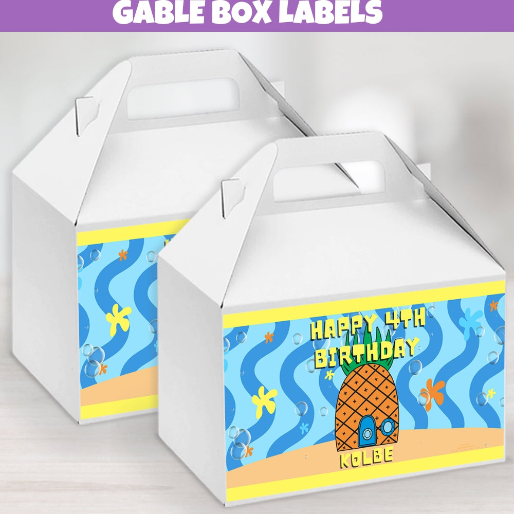 Fun personalized blue yellow and orange tropical birthday gable box label stickers design with popular underwater pineapple house