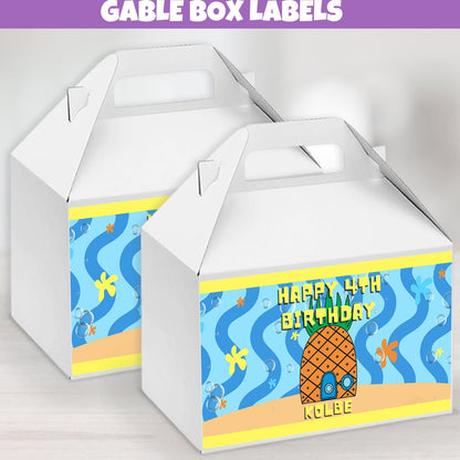 Fun personalized blue yellow and orange tropical birthday gable box label stickers design with popular underwater pineapple house