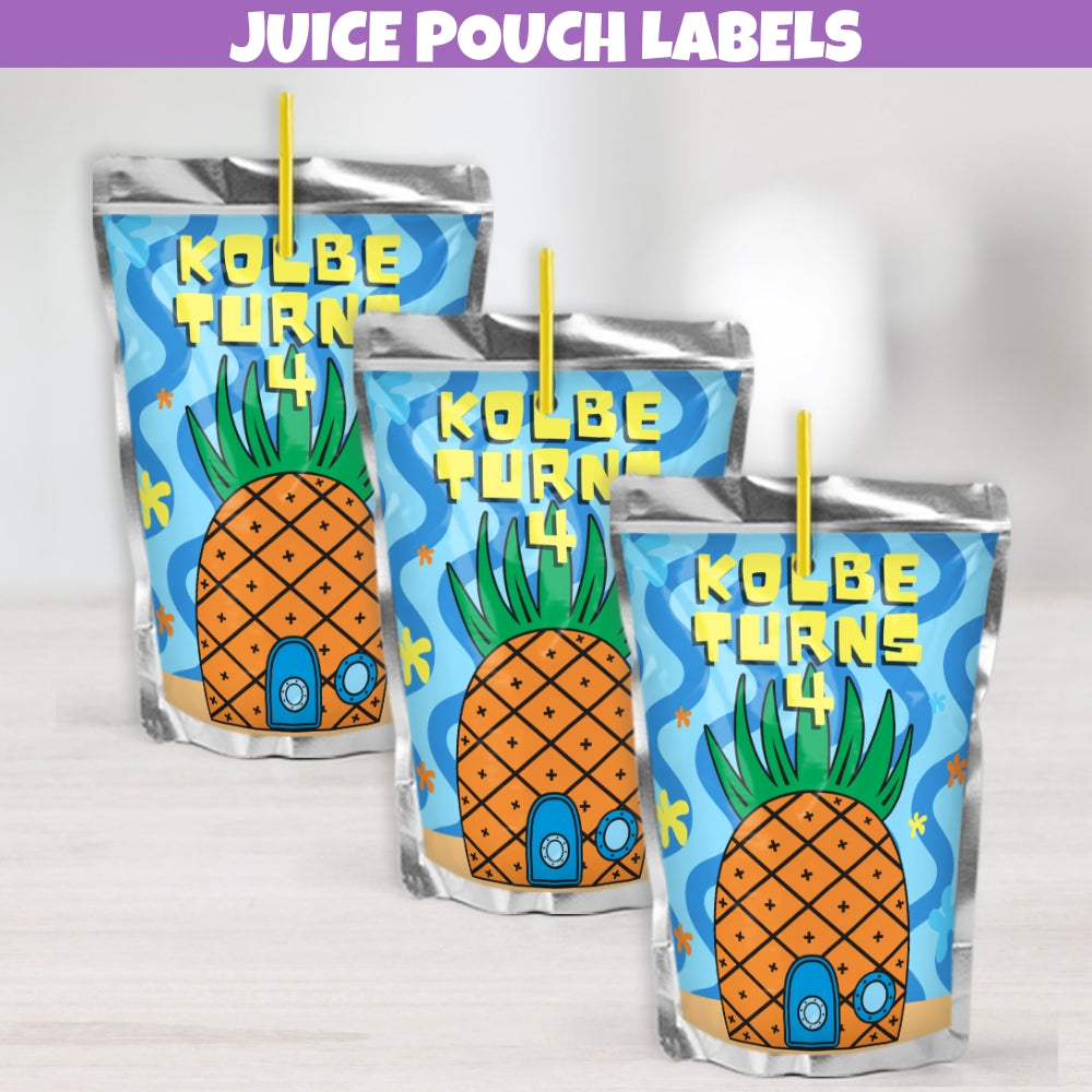 Fun personalized blue yellow and orange tropical birthday waterproof juice pouch label stickers for decorations and party favors designed with a popular underwater pineapple house cartoon