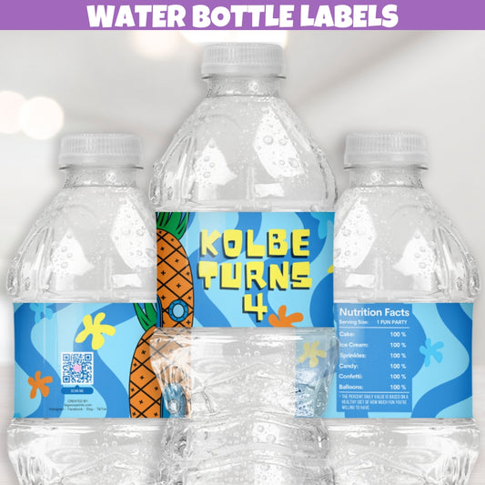 Fun personalized blue yellow and orange tropical birthday waterproof water bottle label stickers for decorations and party favors designed with a popular underwater pineapple house cartoon