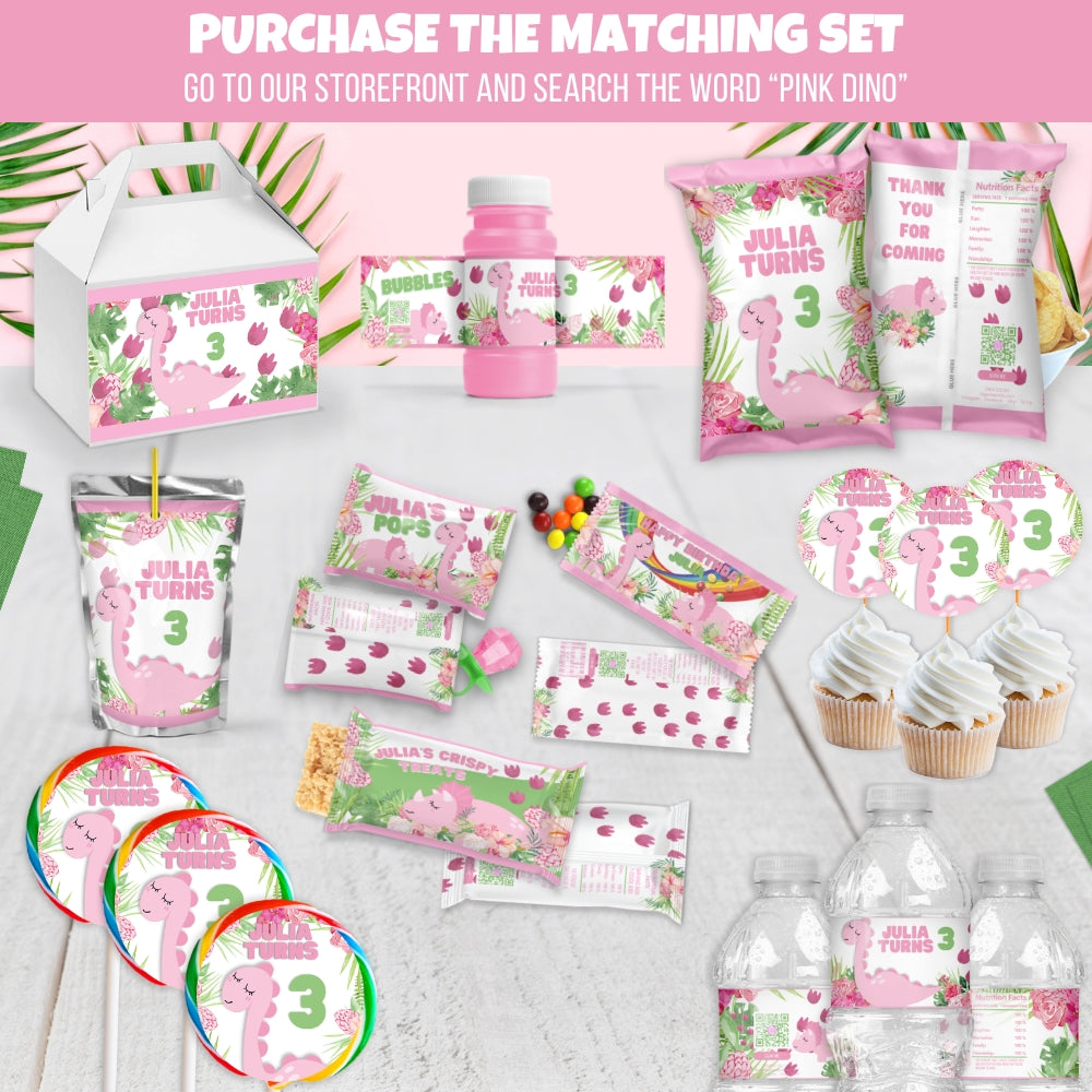 Personalized Girl's Dinosaur Birthday Candy Wrappers, Pink Dino Treat Bags & Party Supplies