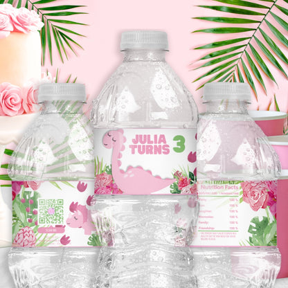 Personalized Pink Dinosaur Water Bottle Labels – Dino Party Favors & Birthday Supplies