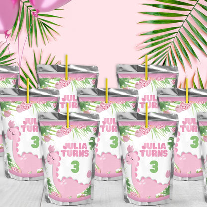 Personalized Pink Dinosaur Juice Pouch Labels – Dino Birthday Party Favors