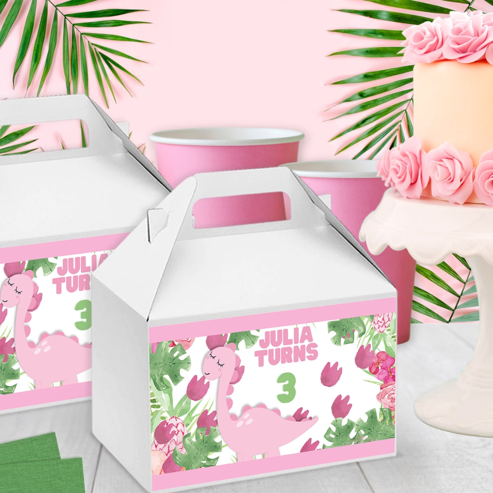 Personalized Pink Dinosaur Gable Box Labels – Custom Dino Treat Box Stickers